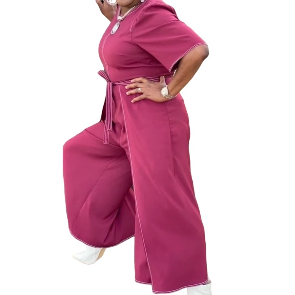 Gibson and Latimer Cranberry Short Sleeved wide leg faux wrap jumper - Picture 3 of 8